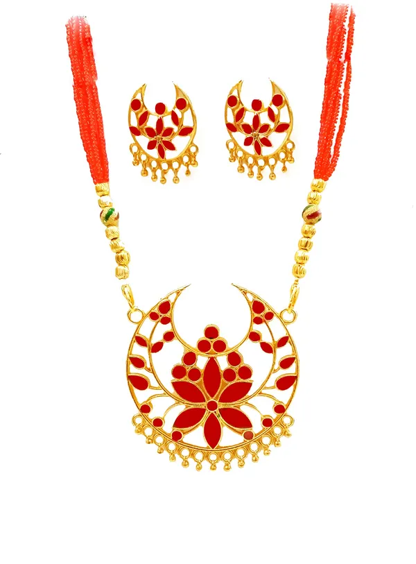 Assamese_Traditional_Gold_Plated_Red_Color_Junbiri_Tassel_Jewellery_Set_For_Women_&_Girl